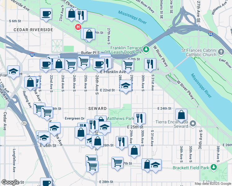 map of restaurants, bars, coffee shops, grocery stores, and more near 2708 East 22nd Street in Minneapolis