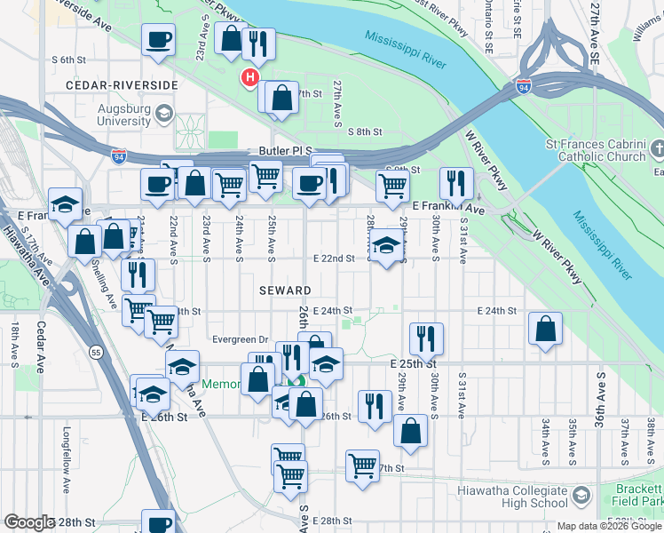 map of restaurants, bars, coffee shops, grocery stores, and more near 2615 East 22nd Street in Minneapolis
