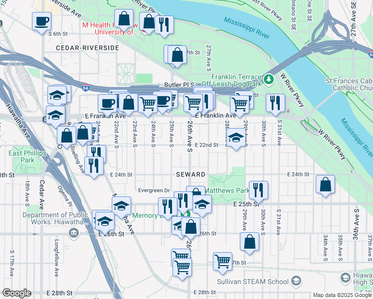 map of restaurants, bars, coffee shops, grocery stores, and more near 2508 East 22nd Street in Minneapolis