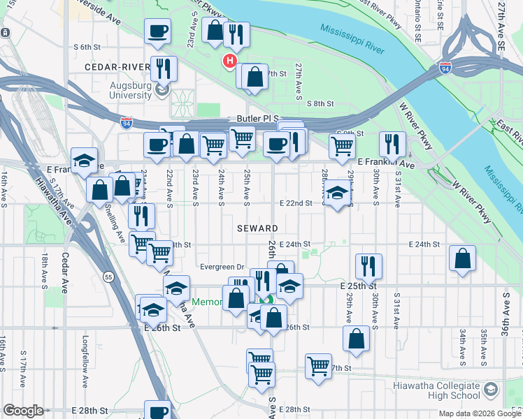 map of restaurants, bars, coffee shops, grocery stores, and more near 2508 East 22nd Street in Minneapolis