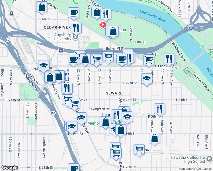 map of restaurants, bars, coffee shops, grocery stores, and more near 2416 East 22nd Street in Minneapolis
