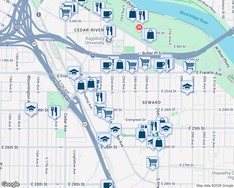 map of restaurants, bars, coffee shops, grocery stores, and more near 2125 Milwaukee Avenue in Minneapolis