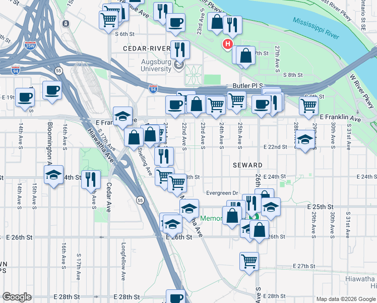 map of restaurants, bars, coffee shops, grocery stores, and more near 2125 Milwaukee Avenue in Minneapolis