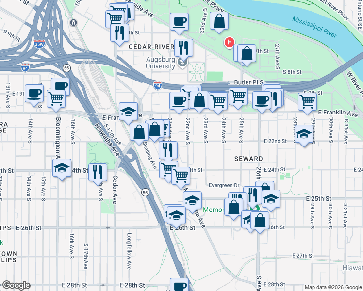 map of restaurants, bars, coffee shops, grocery stores, and more near 2126 East 22nd Street in Minneapolis