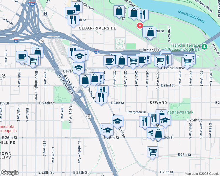 map of restaurants, bars, coffee shops, grocery stores, and more near 2126 East 22nd Street in Minneapolis