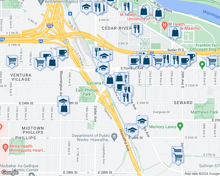 map of restaurants, bars, coffee shops, grocery stores, and more near 1901 East 22nd Street in Minneapolis