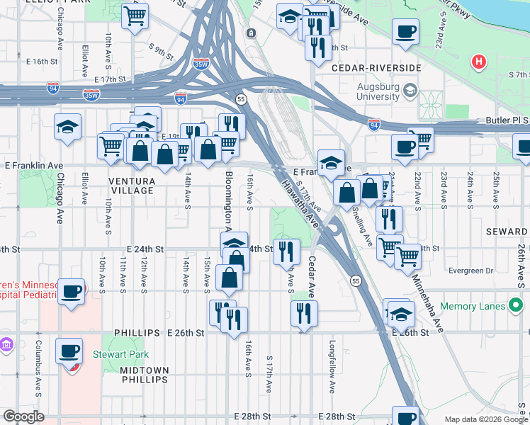 map of restaurants, bars, coffee shops, grocery stores, and more near 2123 16th Avenue South in Minneapolis