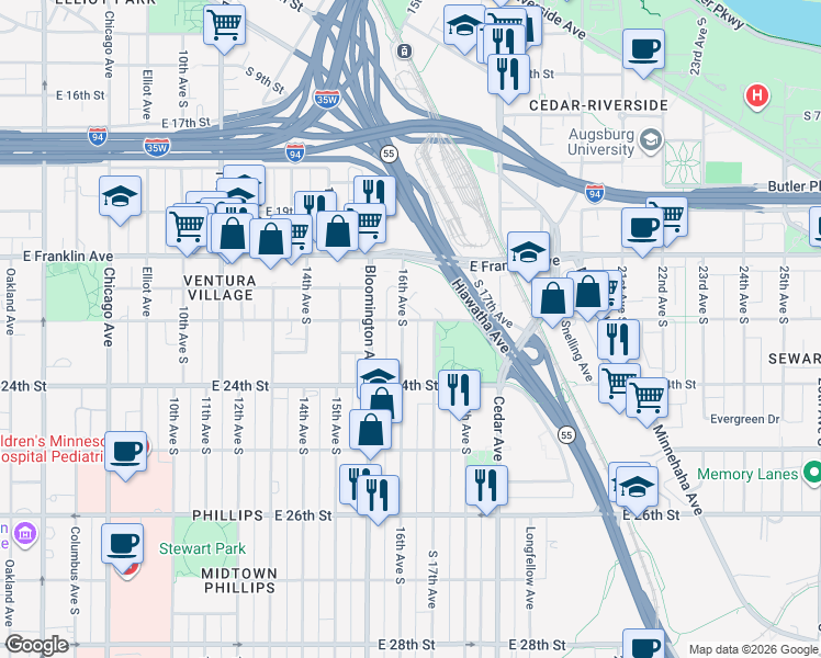 map of restaurants, bars, coffee shops, grocery stores, and more near 2123 16th Avenue South in Minneapolis