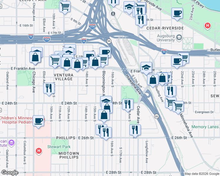 map of restaurants, bars, coffee shops, grocery stores, and more near 1522 East 22nd Street in Minneapolis