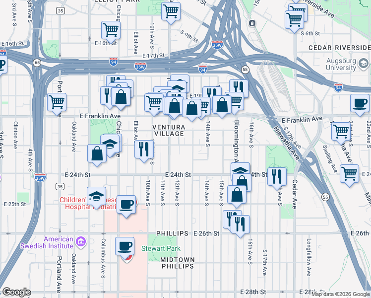 map of restaurants, bars, coffee shops, grocery stores, and more near 1224 East 22nd Street in Minneapolis
