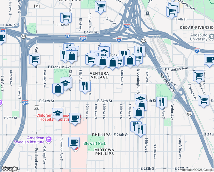 map of restaurants, bars, coffee shops, grocery stores, and more near 1224 East 22nd Street in Minneapolis