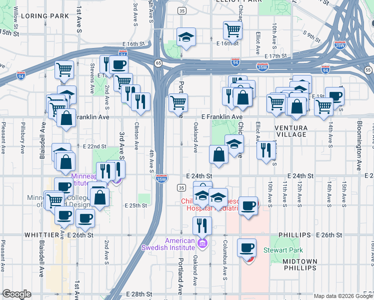 map of restaurants, bars, coffee shops, grocery stores, and more near 2124 Oakland Avenue in Minneapolis