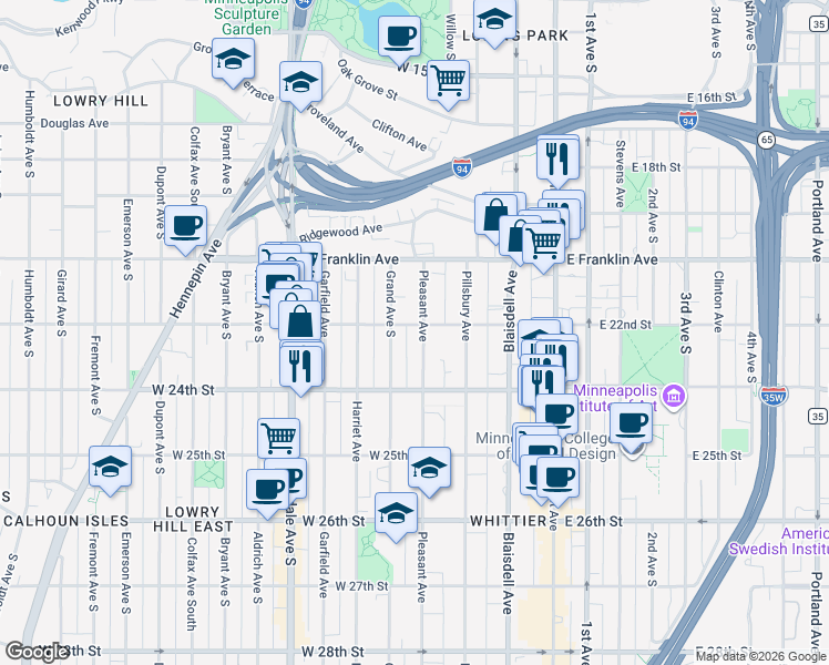 map of restaurants, bars, coffee shops, grocery stores, and more near 308 West 22nd Street in Minneapolis