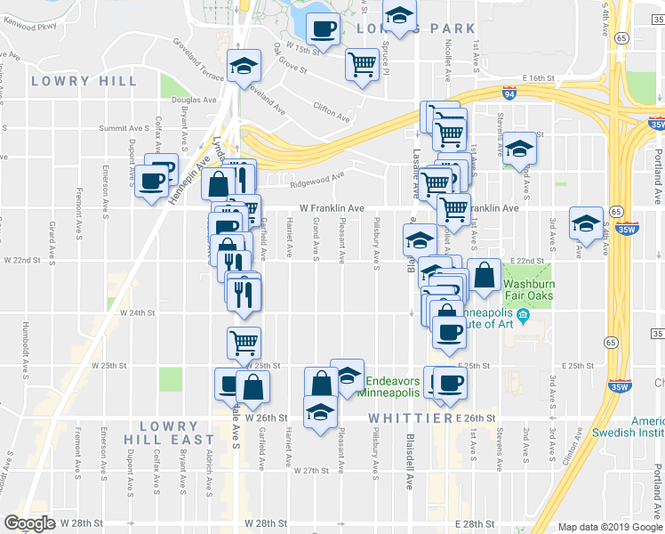 map of restaurants, bars, coffee shops, grocery stores, and more near 308 West 22nd Street in Minneapolis