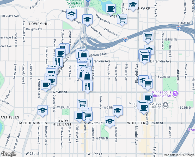 map of restaurants, bars, coffee shops, grocery stores, and more near 520 West 22nd Street in Minneapolis