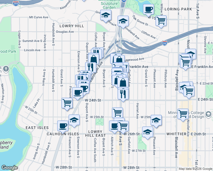 map of restaurants, bars, coffee shops, grocery stores, and more near 2122 Aldrich Avenue South in Minneapolis