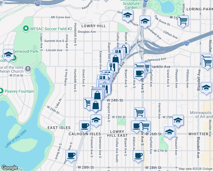 map of restaurants, bars, coffee shops, grocery stores, and more near 2129 Emerson Avenue South in Minneapolis