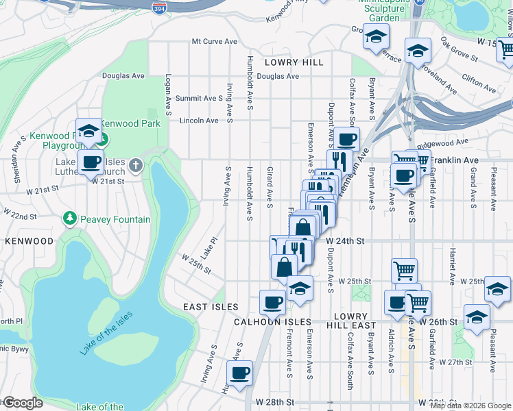 map of restaurants, bars, coffee shops, grocery stores, and more near 1500 West 22nd Street in Minneapolis