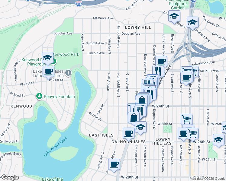 map of restaurants, bars, coffee shops, grocery stores, and more near 1500 West 22nd Street in Minneapolis