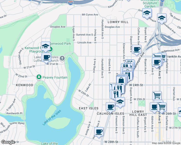 map of restaurants, bars, coffee shops, grocery stores, and more near 1600 West 22nd Street in Minneapolis
