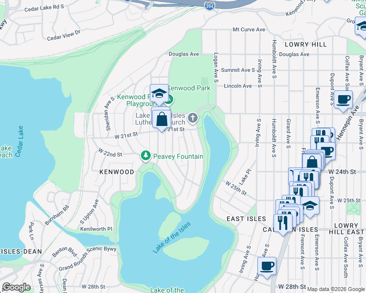 map of restaurants, bars, coffee shops, grocery stores, and more near 2120 Newton Avenue South in Minneapolis