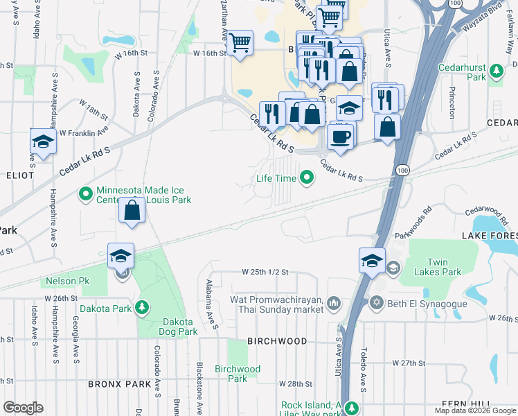 map of restaurants, bars, coffee shops, grocery stores, and more near 2250 Ridge Drive in Minneapolis