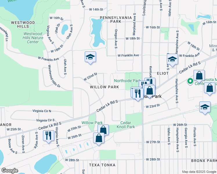 map of restaurants, bars, coffee shops, grocery stores, and more near 2225 Pennsylvania Avenue South in Minneapolis