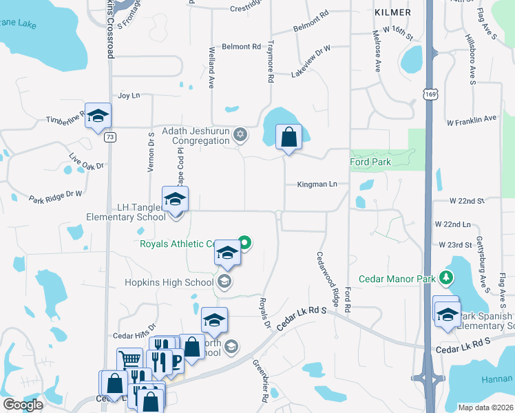 map of restaurants, bars, coffee shops, grocery stores, and more near 10400 Hillside Lane West in Minnetonka