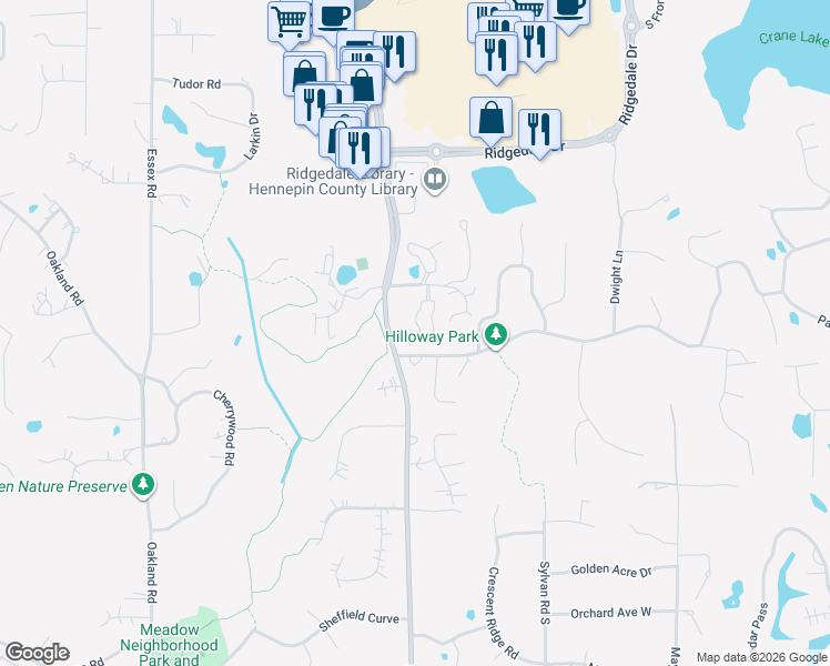 map of restaurants, bars, coffee shops, grocery stores, and more near 2227 Sherwood Court in Hopkins