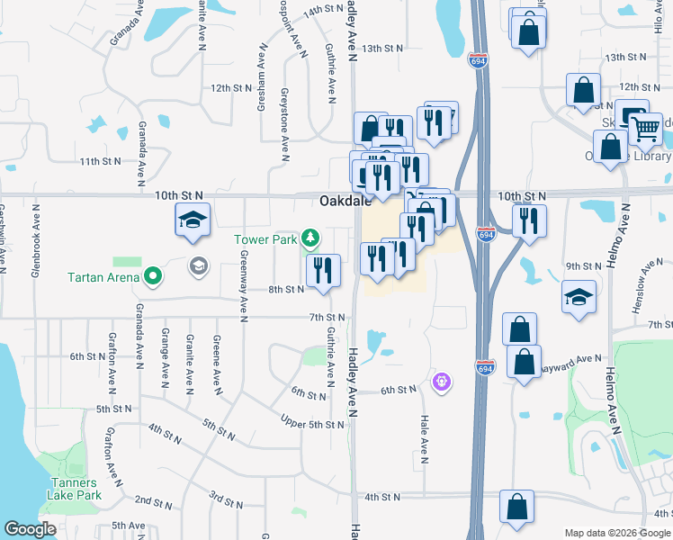 map of restaurants, bars, coffee shops, grocery stores, and more near 852 Hadley Lane North in Saint Paul