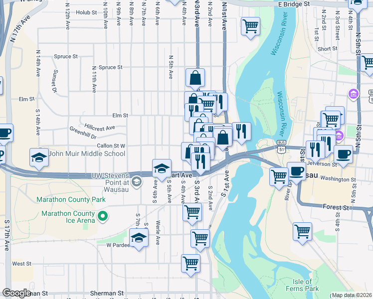map of restaurants, bars, coffee shops, grocery stores, and more near 312 Callon Street in Wausau