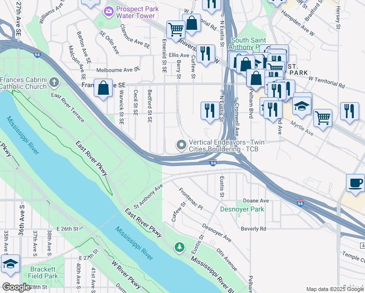 map of restaurants, bars, coffee shops, grocery stores, and more near 2550 Wabash Ave in St Paul