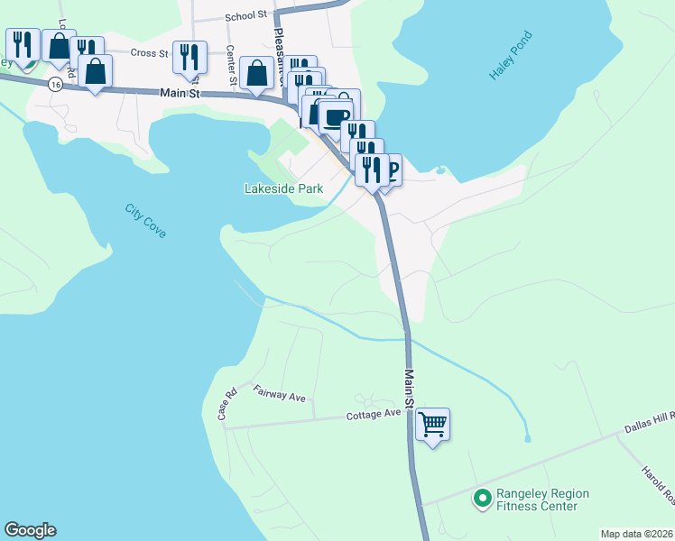 map of restaurants, bars, coffee shops, grocery stores, and more near 35 Lake House Road in Rangeley