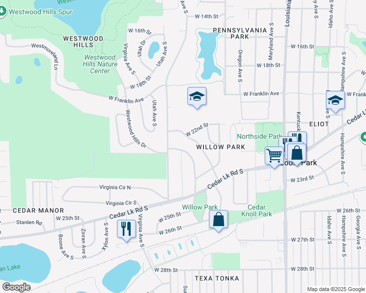 map of restaurants, bars, coffee shops, grocery stores, and more near 2206 Quebec Avenue South in Minneapolis