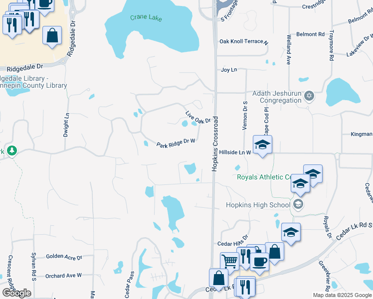 map of restaurants, bars, coffee shops, grocery stores, and more near 11405 Park Ridge Drive West in Hopkins