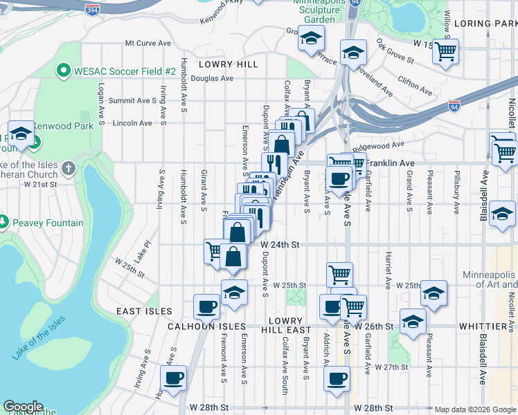 map of restaurants, bars, coffee shops, grocery stores, and more near 2129 Emerson Avenue South in Minneapolis