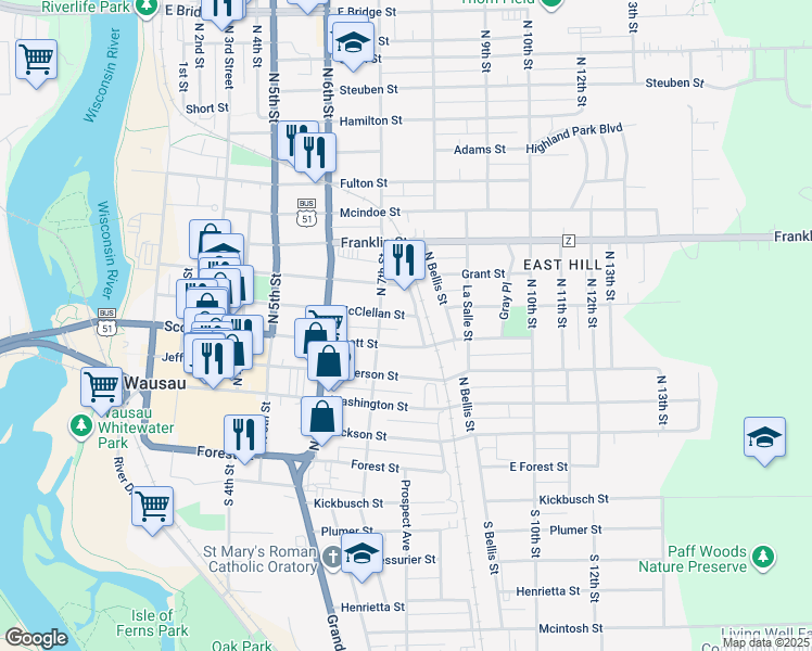 map of restaurants, bars, coffee shops, grocery stores, and more near 713 McClellan Street in Wausau