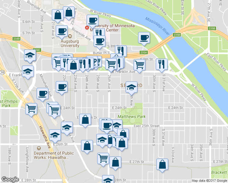 map of restaurants, bars, coffee shops, grocery stores, and more near 2615 East 22nd Street in Minneapolis