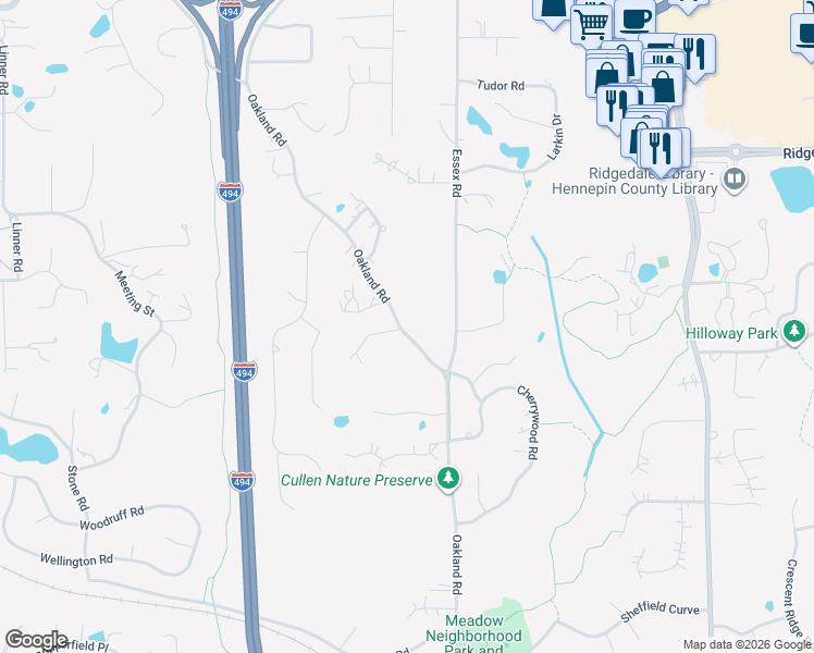 map of restaurants, bars, coffee shops, grocery stores, and more near 2213 Oakland Road in Hopkins