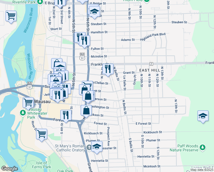 map of restaurants, bars, coffee shops, grocery stores, and more near 713 McClellan Street in Wausau
