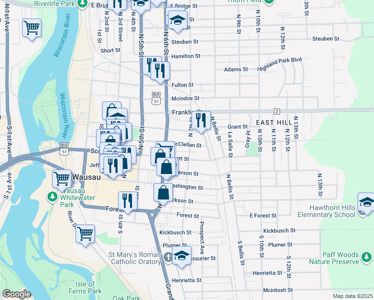 map of restaurants, bars, coffee shops, grocery stores, and more near 621 McClellan Street in Wausau