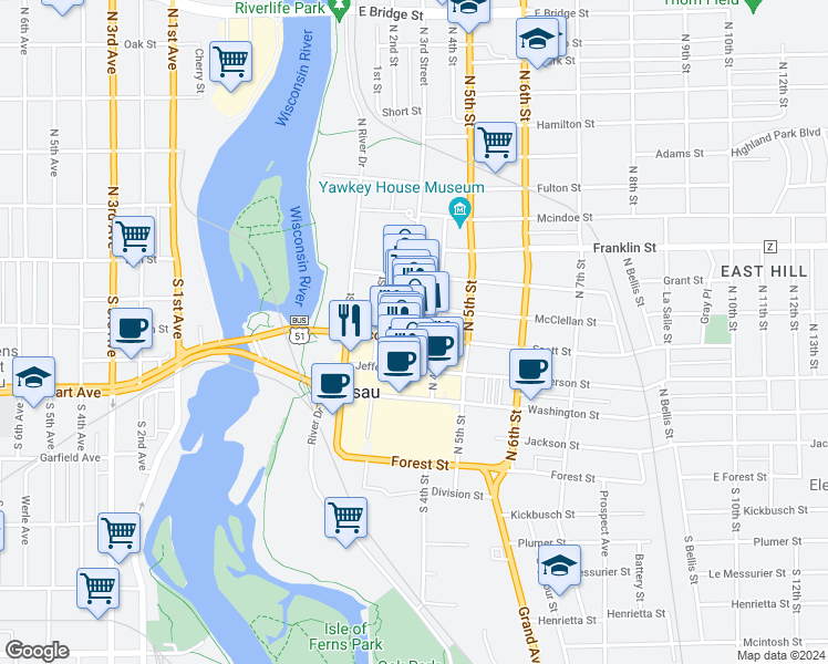 map of restaurants, bars, coffee shops, grocery stores, and more near 500 N 3rd Street in Wausau
