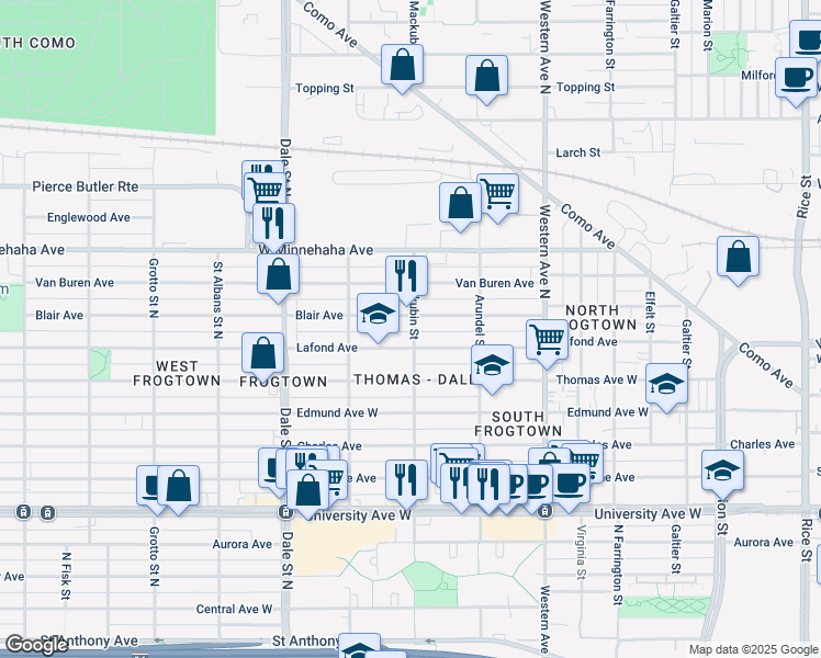 map of restaurants, bars, coffee shops, grocery stores, and more near 651 North Mackubin Street in Saint Paul