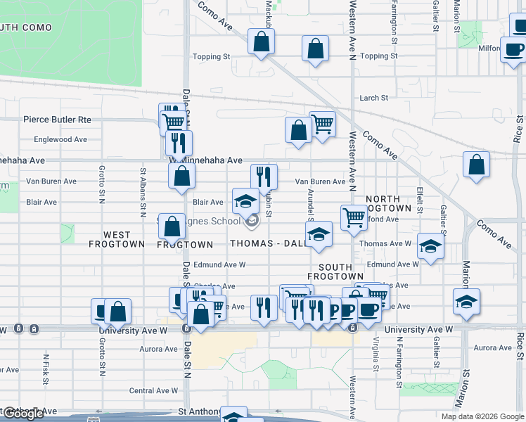 map of restaurants, bars, coffee shops, grocery stores, and more near in Saint Paul