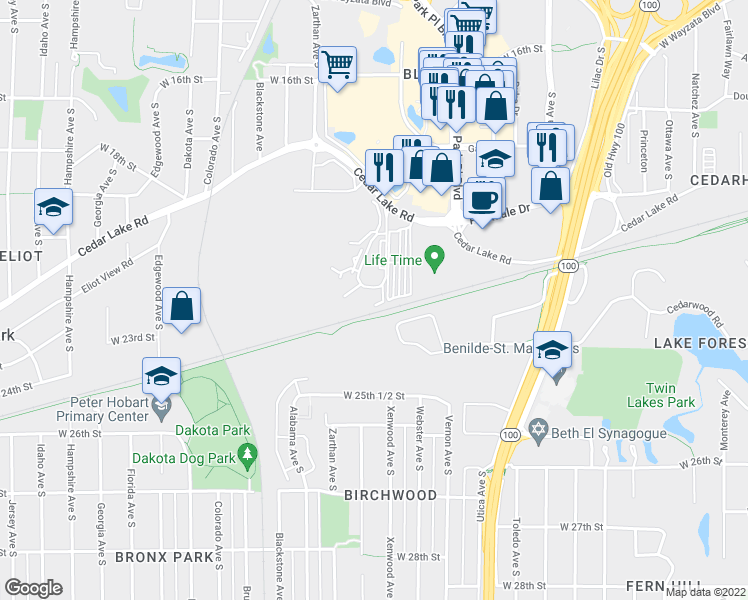 map of restaurants, bars, coffee shops, grocery stores, and more near 2250 Ridge Drive in Minneapolis