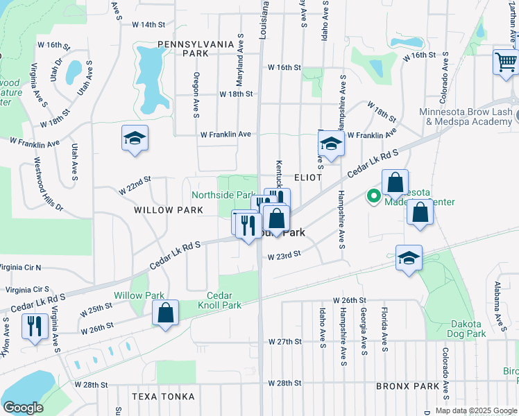 map of restaurants, bars, coffee shops, grocery stores, and more near 2235 Louisiana Avenue South in Minneapolis