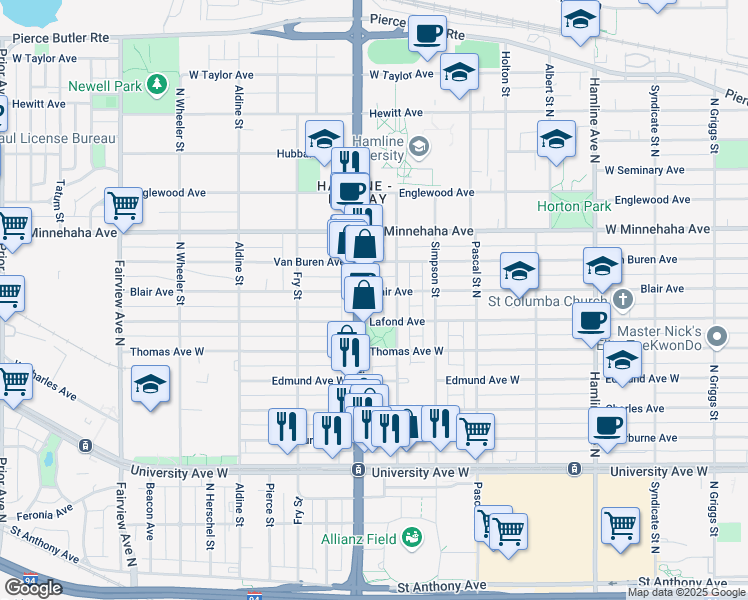 map of restaurants, bars, coffee shops, grocery stores, and more near 1562 Blair Avenue in Saint Paul