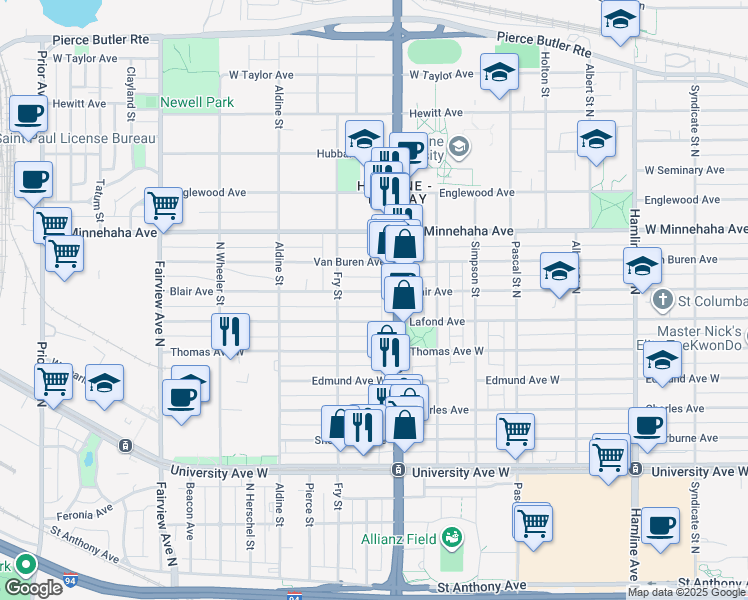 map of restaurants, bars, coffee shops, grocery stores, and more near 1600 Blair Avenue in Saint Paul