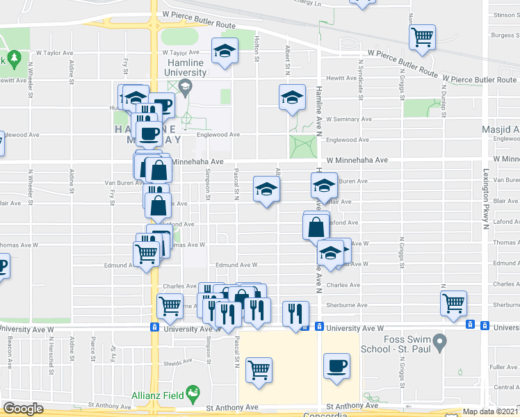 map of restaurants, bars, coffee shops, grocery stores, and more near 631 Albert Street North in Saint Paul
