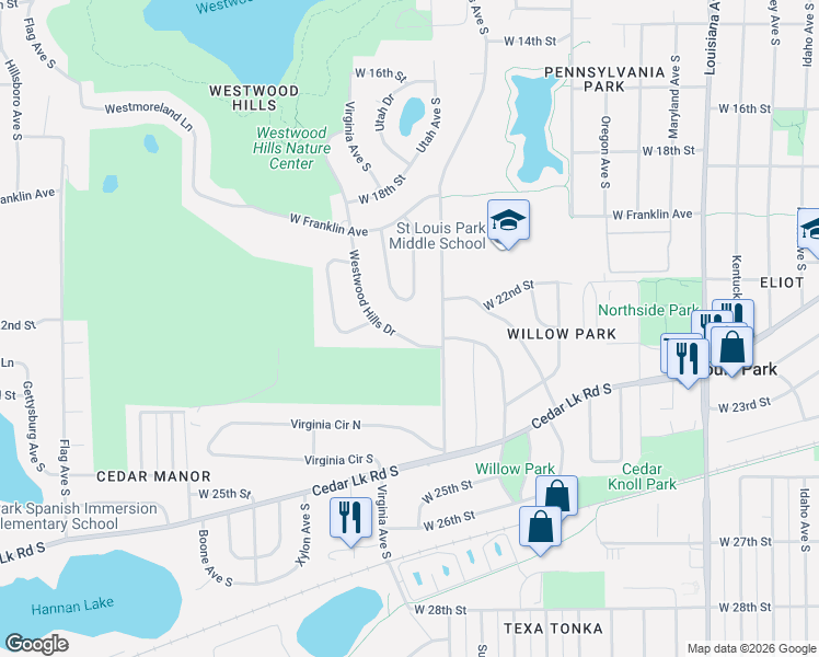 map of restaurants, bars, coffee shops, grocery stores, and more near 8018 Westwood Hills Drive in Minneapolis